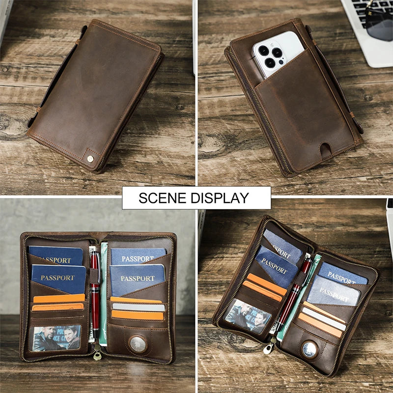 CONTACT'S Crazy Horse Leather Family Passport Travel Wallets Card Holder Men's Bag Airtag Case Luxury Handbag Male Long Purse