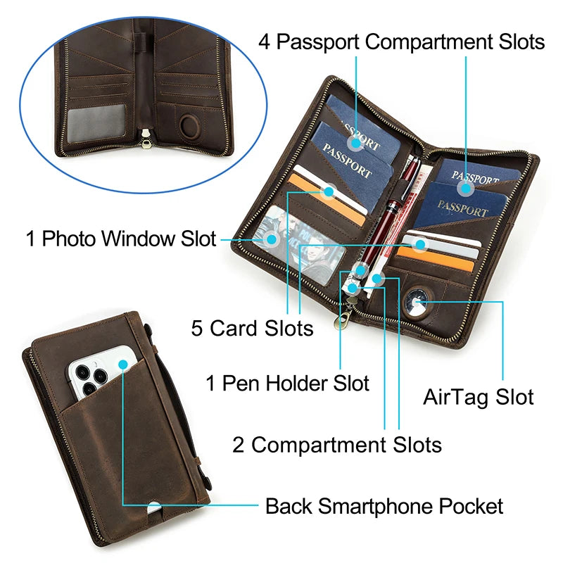 CONTACT'S Crazy Horse Leather Family Passport Travel Wallets Card Holder Men's Bag Airtag Case Luxury Handbag Male Long Purse
