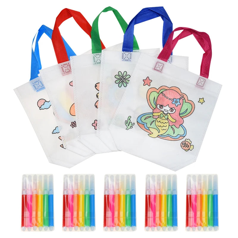 DIY Graffiti Bag with Markers Handmade Painting Non-Woven Bag for Children Arts Crafts Color Filling Drawing Toy Kids Craft