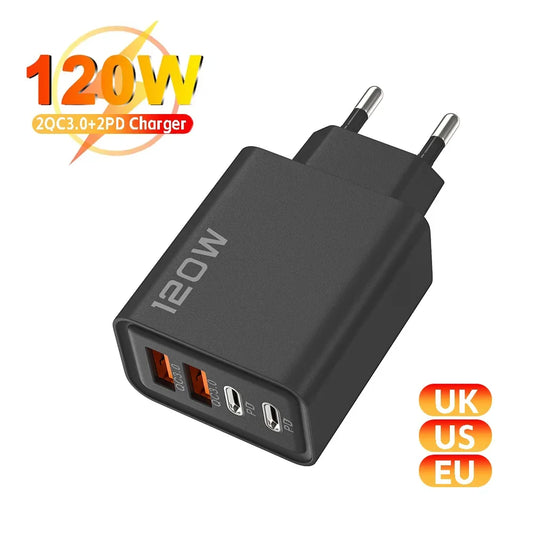 Total 120W 4 Ports USB Charger PD Type C Fast Charging Mobile Phone Adapter For iPhone Samsung Xiaomi Huawei QC 3.0 Wall Charger