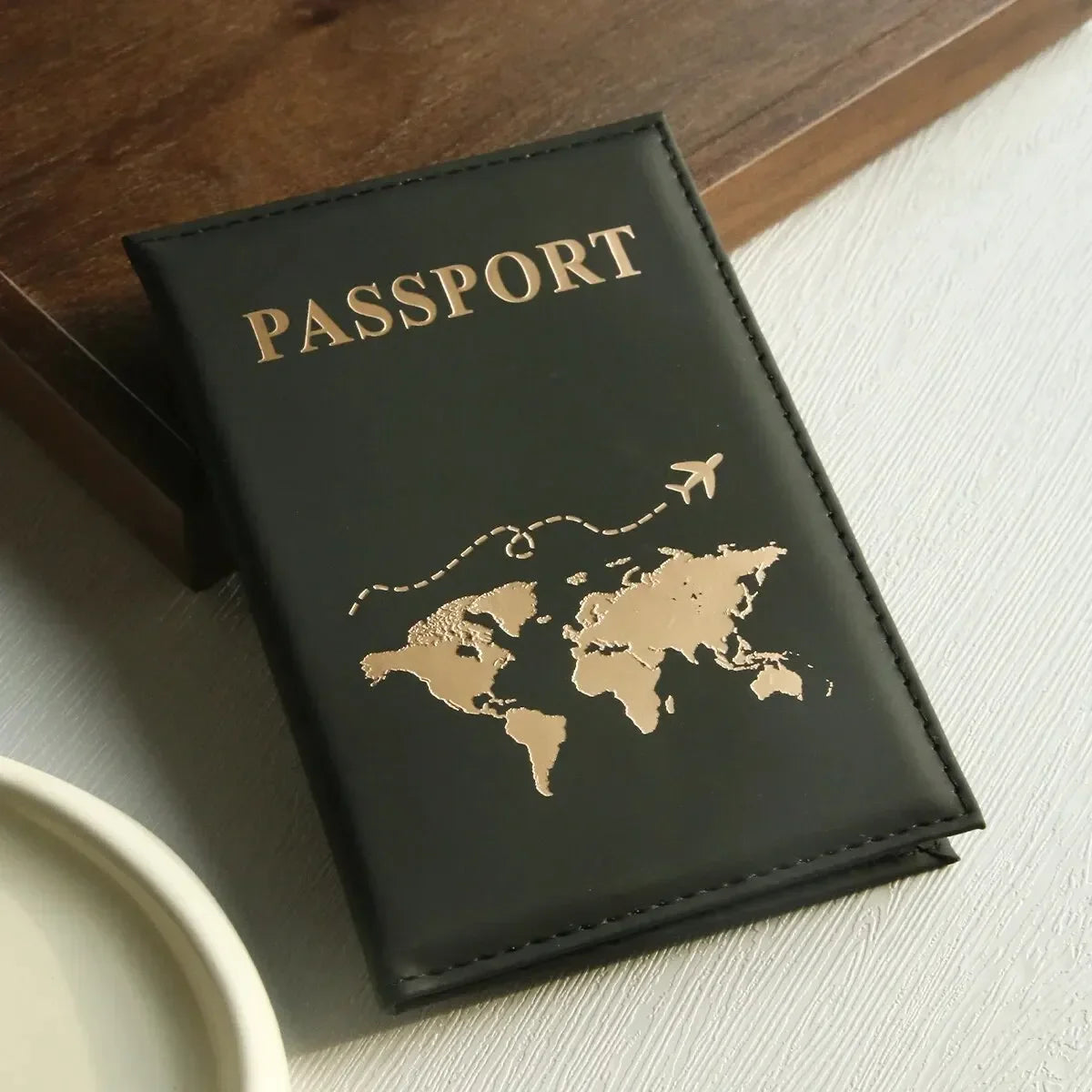 PU passport cover, flat leather passport clip, world map, credit card protection cover, wallet