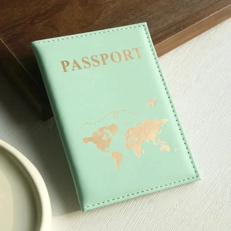 PU passport cover, flat leather passport clip, world map, credit card protection cover, wallet