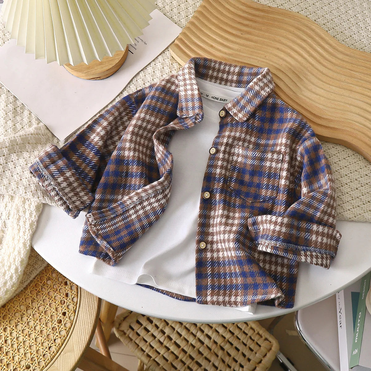 Boys Shirt Long Sleeve Autumn Plaid Shirt Children's Retro Color Matching Cardigan New Style Lapel Top Jacket For Girls