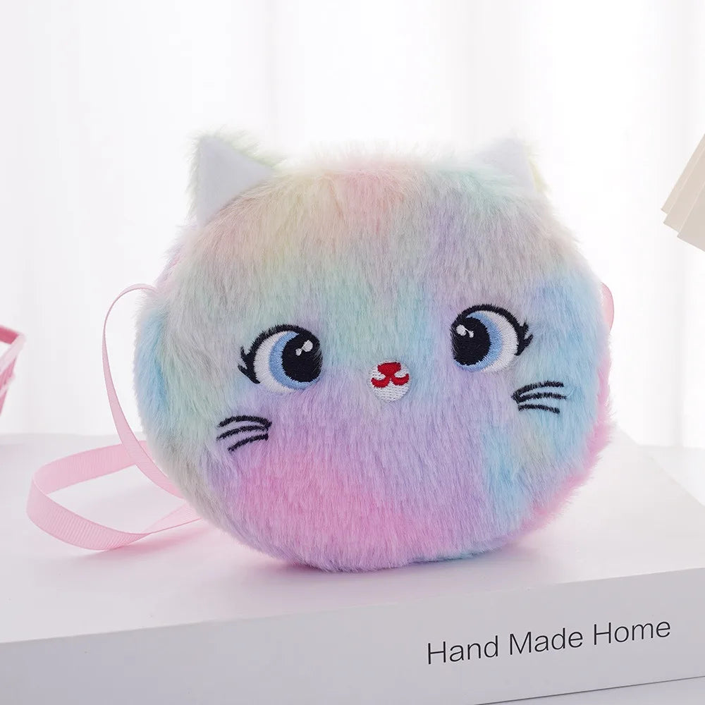 Fashion Plush Shoulder Bag Soft Rainbow Color Kids Crossbody Bag Cartoon Cat Messenger Bag Children's Gift
