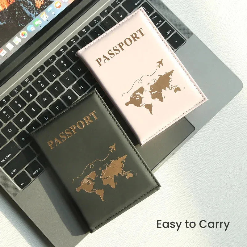 PU passport cover, flat leather passport clip, world map, credit card protection cover, wallet