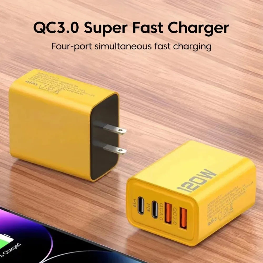 Total 120W 4 Ports USB Charger PD Type C Fast Charging Mobile Phone Adapter For iPhone Samsung Xiaomi Huawei QC 3.0 Wall Charger