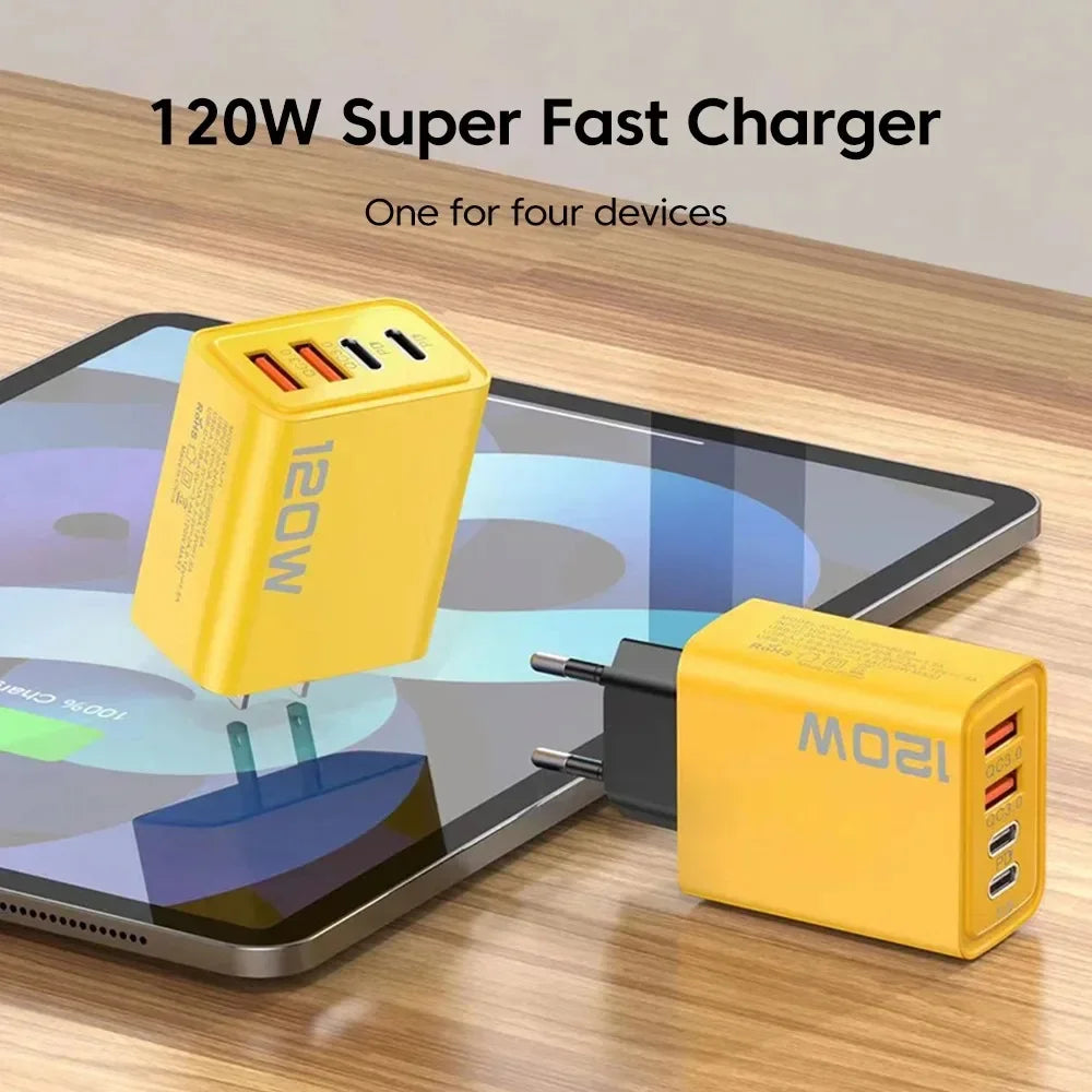 Total 120W 4 Ports USB Charger PD Type C Fast Charging Mobile Phone Adapter For iPhone Samsung Xiaomi Huawei QC 3.0 Wall Charger