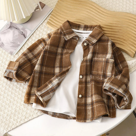 Boys Shirt Long Sleeve Autumn Plaid Shirt Children's Retro Color Matching Cardigan New Style Lapel Top Jacket For Girls