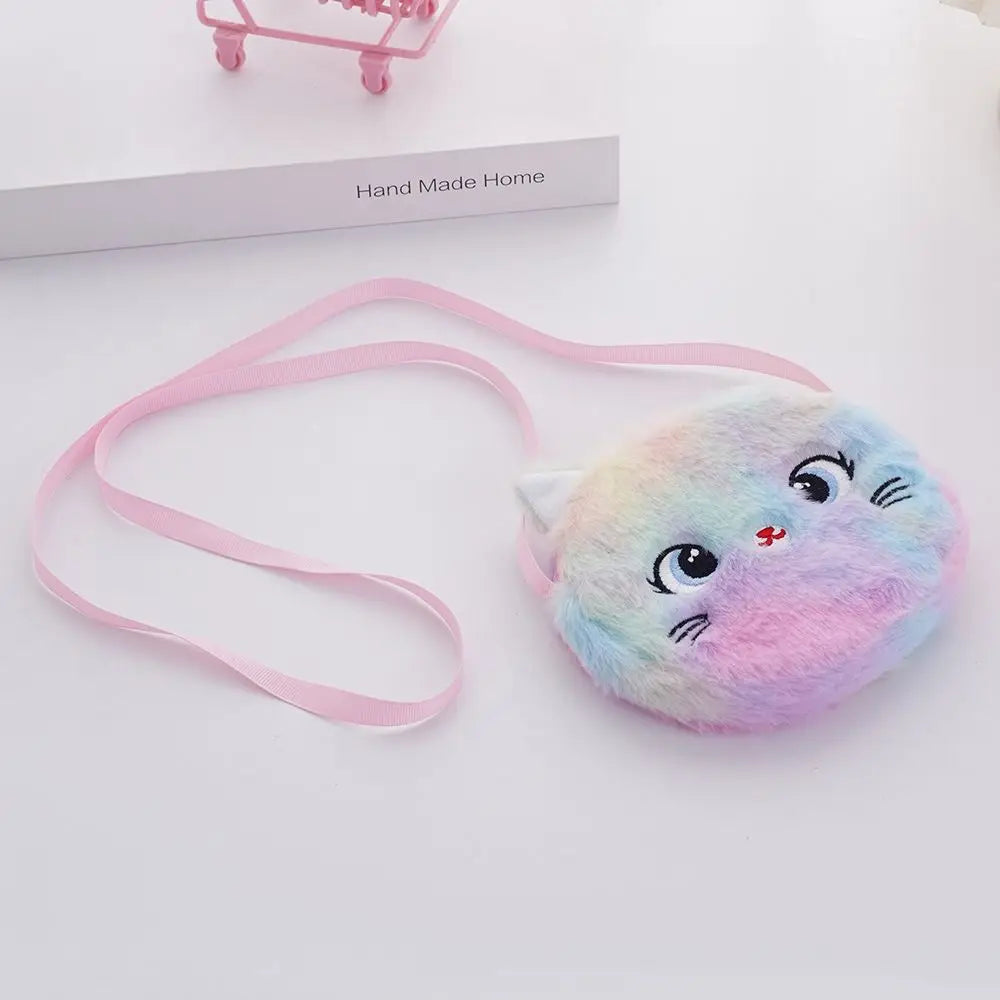 Fashion Plush Shoulder Bag Soft Rainbow Color Kids Crossbody Bag Cartoon Cat Messenger Bag Children's Gift