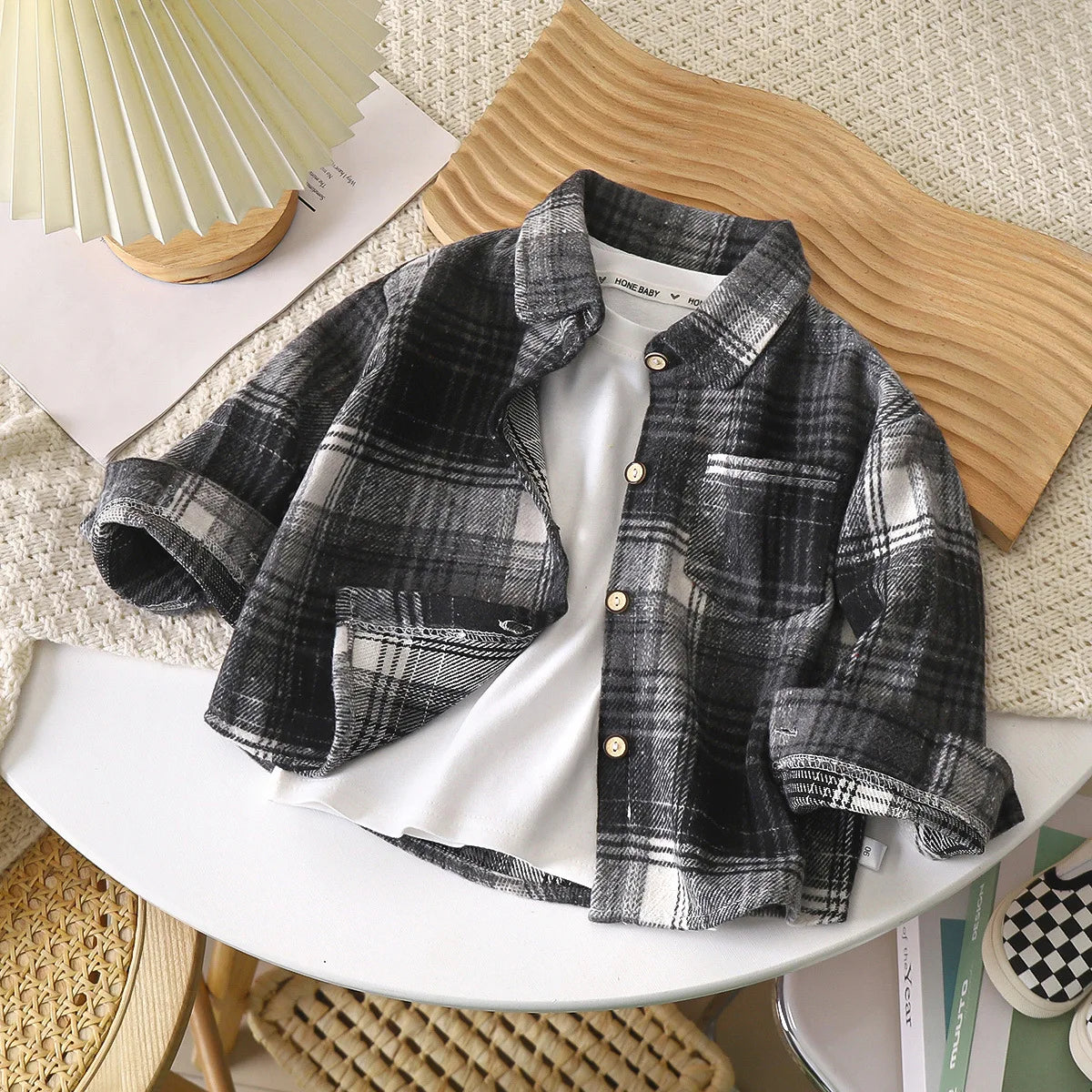 Boys Shirt Long Sleeve Autumn Plaid Shirt Children's Retro Color Matching Cardigan New Style Lapel Top Jacket For Girls