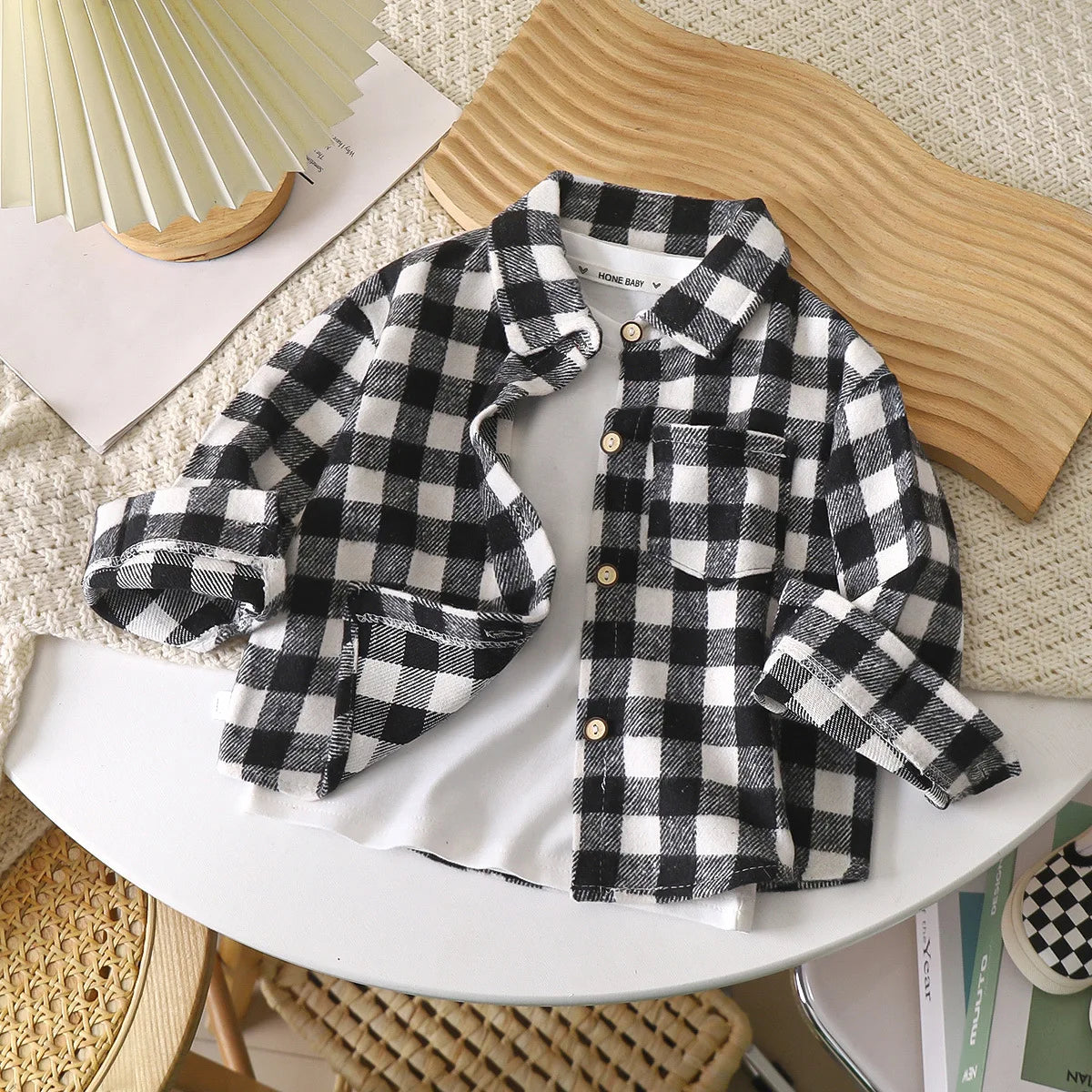 Boys Shirt Long Sleeve Autumn Plaid Shirt Children's Retro Color Matching Cardigan New Style Lapel Top Jacket For Girls